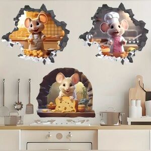 3 pcs Whimsical 3-D Kitchen Mouse Wall Decal | Peel & Stick